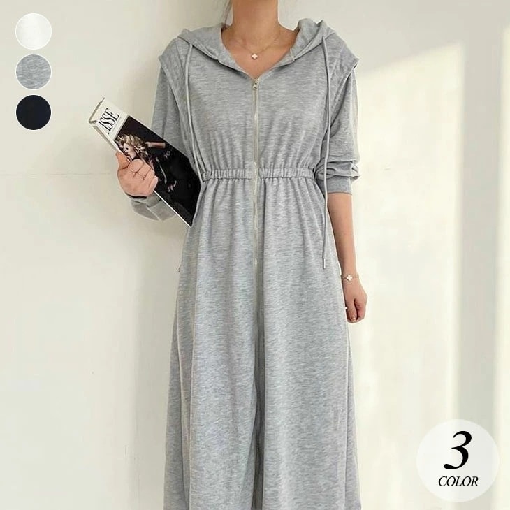 【2025新作 急速出荷】ジップアップ フード付き パーカー ワンピース 長袖 フレア ロング ミモレ ファスナー ゆったり 体型カバー ガーリー フェミニン 可愛い 春 秋 冬 ブラック グレー ホ