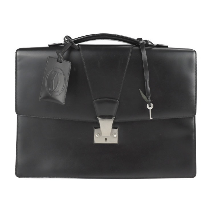 CARTIER カルティエ ビジネスバッグ - パシャ カーフレザー ブラック シルバー金具 ブリーフケース 書類鞄【本物保証】