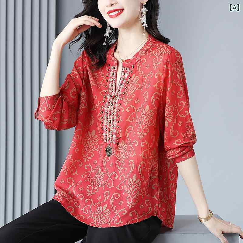 レディース リネン シャツ トップス エスニック レトロ レディース Vネック エレガント レッド アプリコット