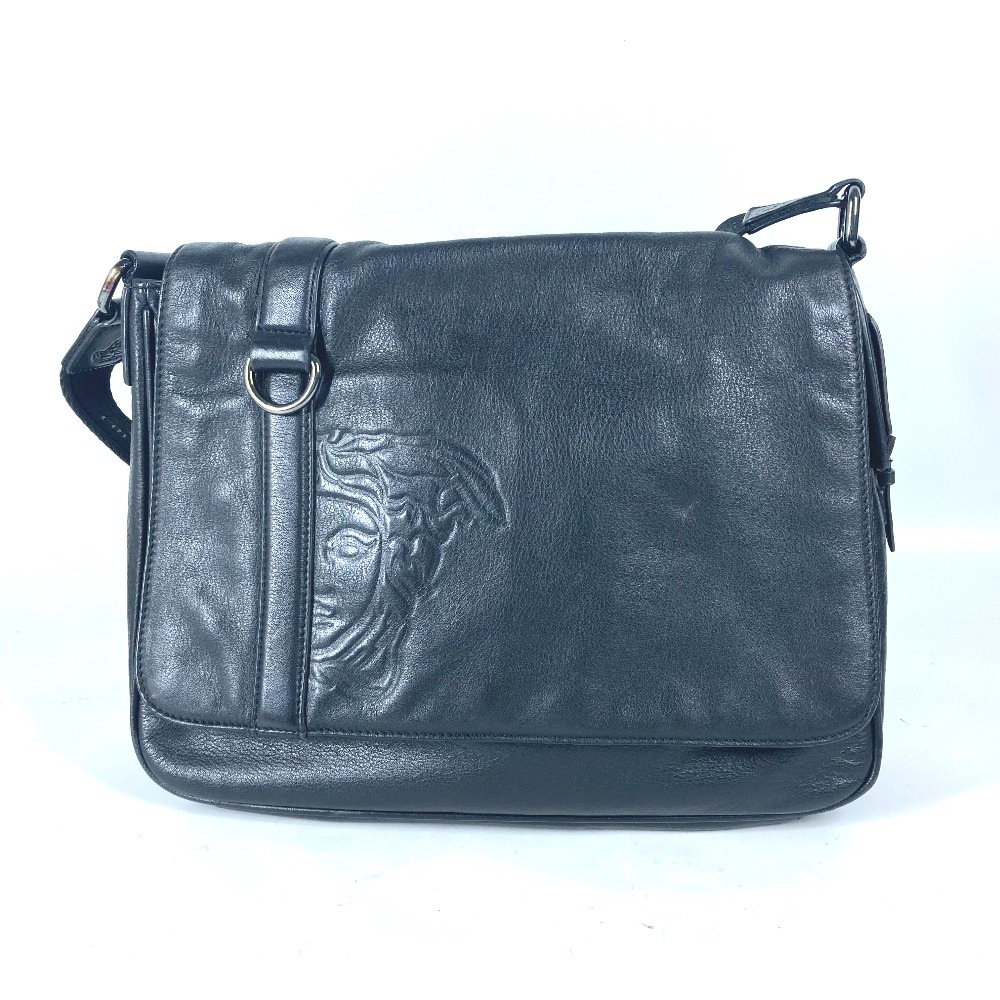 ショルダーバッグ メデューサ ロゴ フラップ メッセンジャーバッグ カバン 斜め掛け レザー ブラック