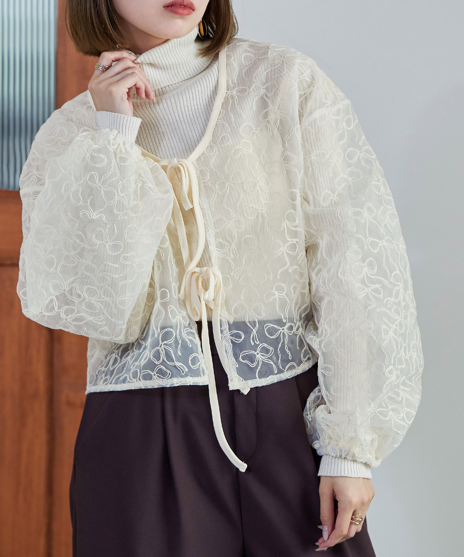 シアーカーディガン ショート丈 Vネック バルーンスリーブ リボン アイボリー ブラック 長袖 刺繍 秋冬 レディース 透け感 レイヤード 重ね着 シースルー 洗える 洗濯可 羽織り トップス