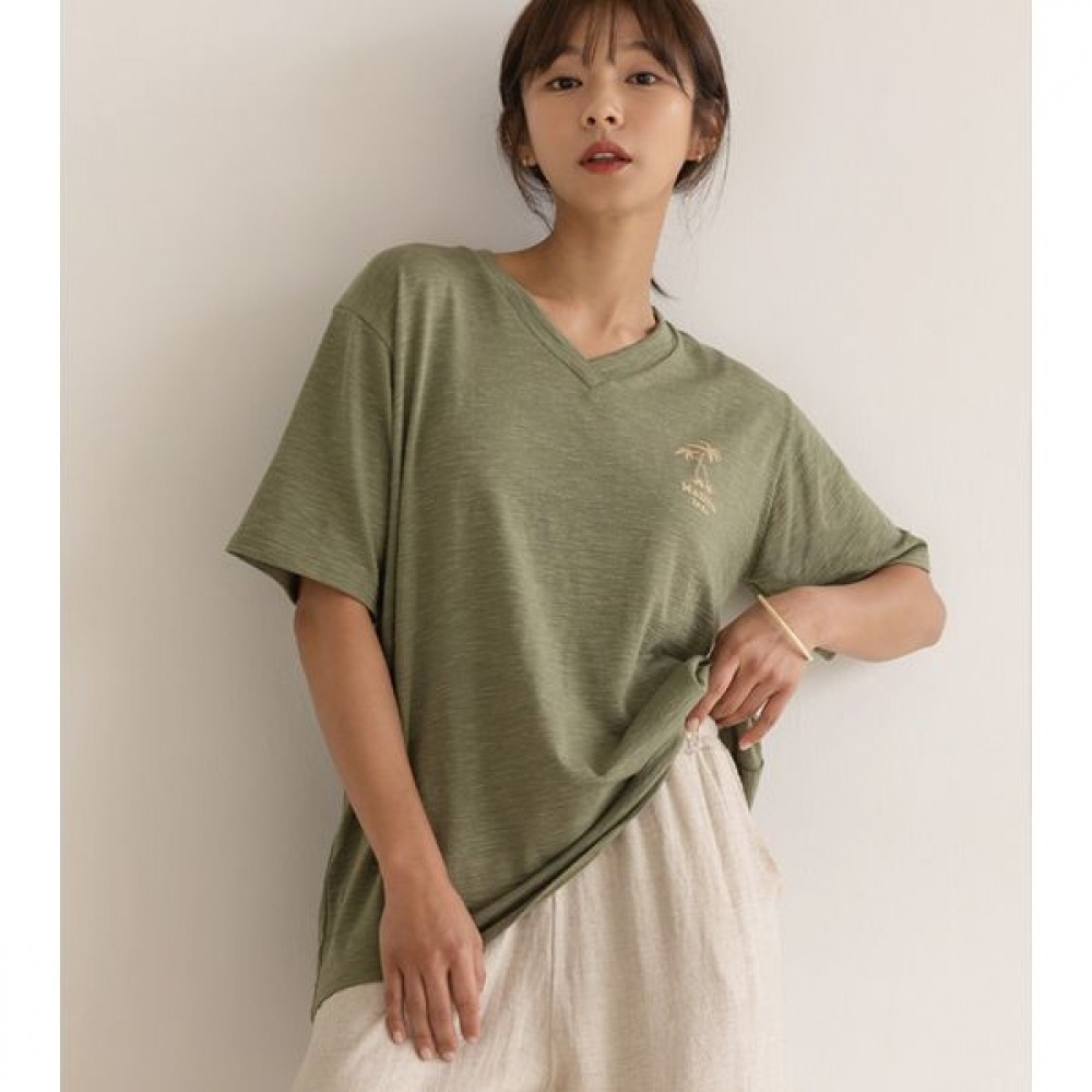 [Elysia] パームツリーコットン V ショートスリーブ T シャツ