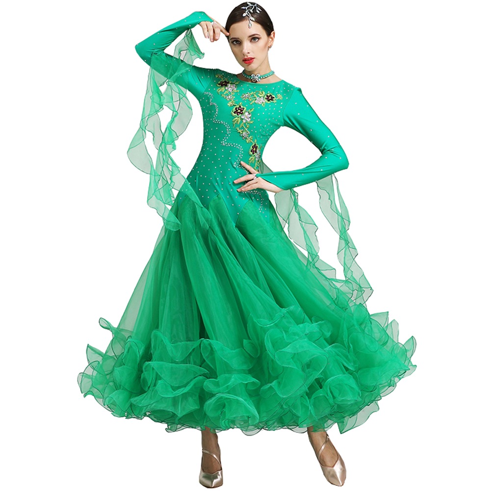 5色入荷　社交ダンス 大きい裾 豪華 モダンドレス ワンピースドレス 演出服 スタンダードドレス キラキラビジュー付き インターナショナルダンス 競技会 ワルツ服 練習着 競技用 ステージ衣装