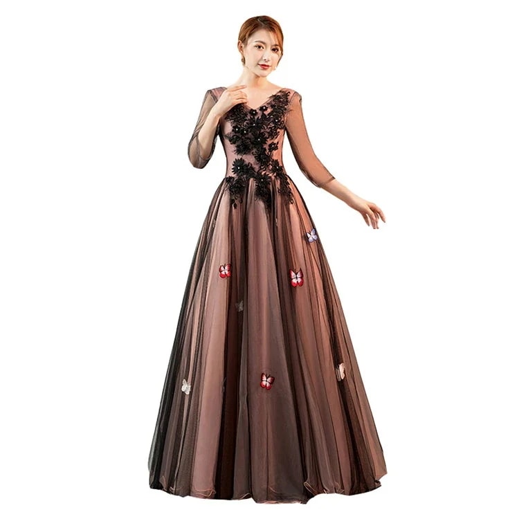 ブラウン　カラードレス　二次会ドレス　パーティードレス　ウェディングドレス　演出舞台　発表会　演奏会用ドレス ロングドレス プリンセスライン　司会　ステージ衣装・二次会・花嫁衣裳にも