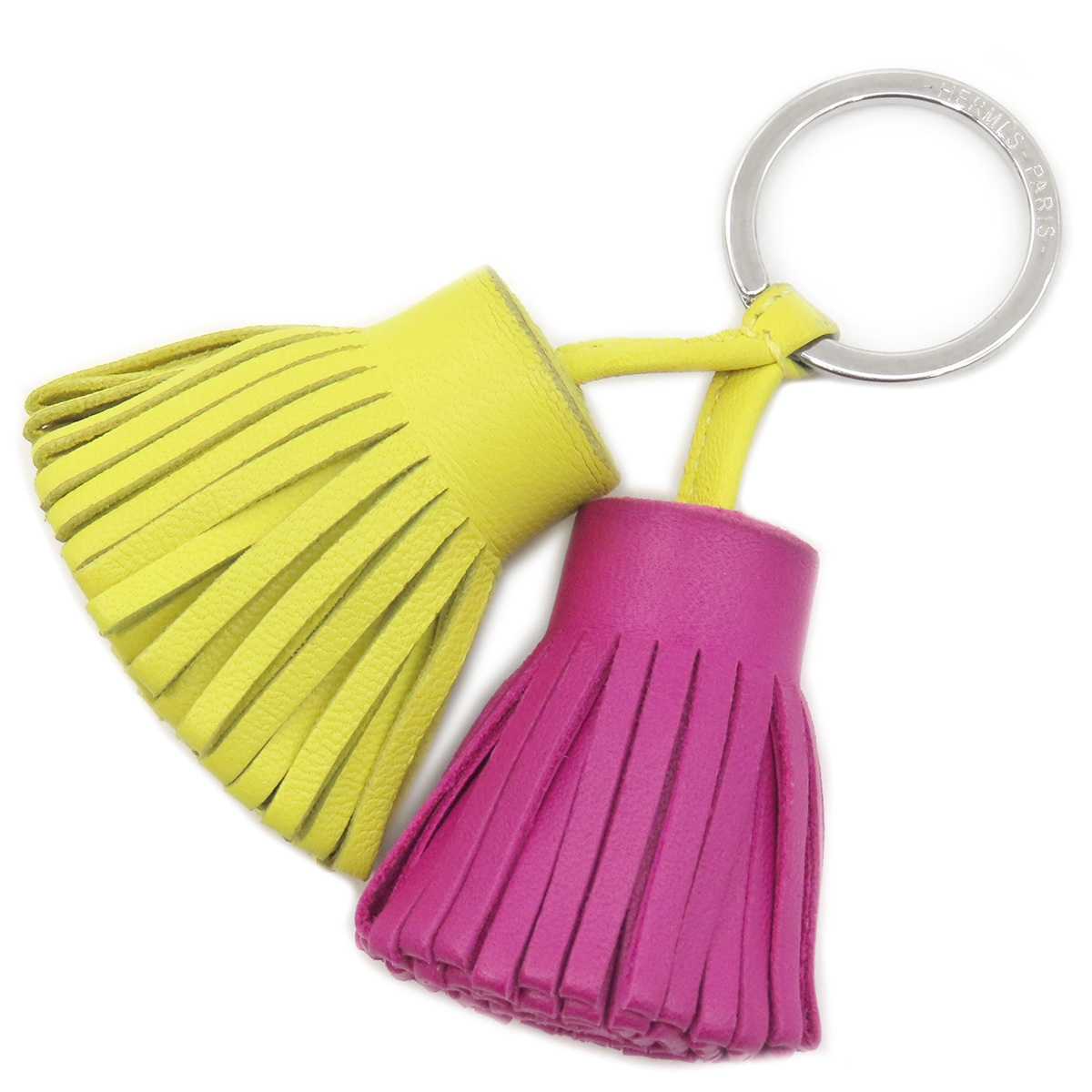 エルメス HERMES キーリング カルメン ウノドス ラムスキン ライム×ローズパープル シルバー金具 黄色 紫 フリンジ キーホルダー 【中古】