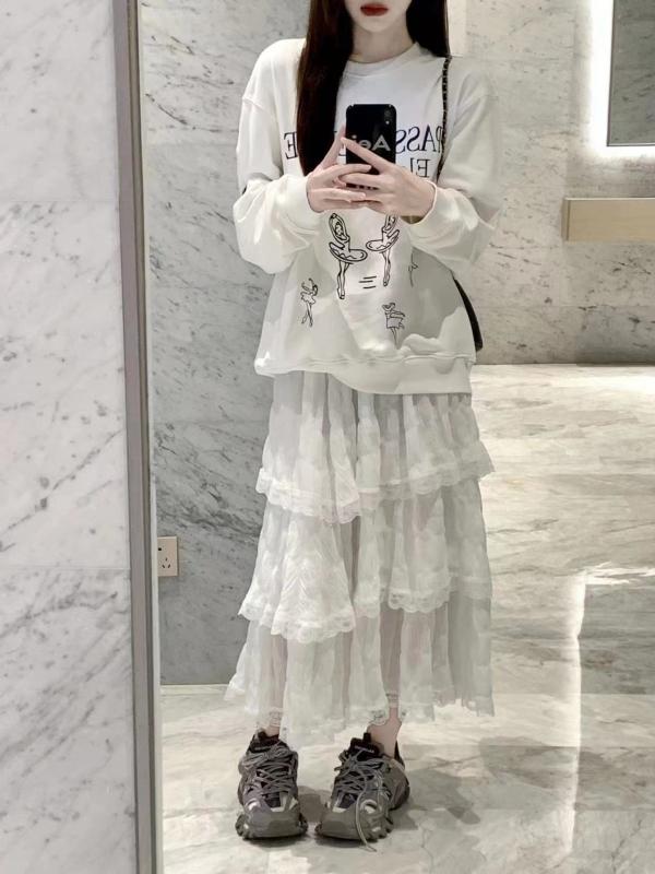 スカート ロング レディース 春秋 ミモレ丈 プリーツ レース ハイウエスト スリム Aライン ティアード ボリューム かわいい 無地 白 黒