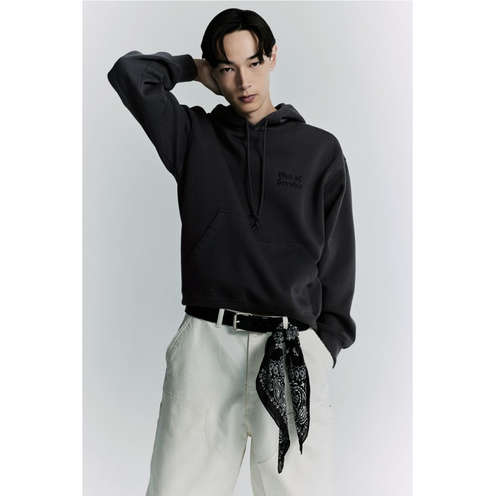 H&M ルーズフィットプリントパーカーダークグレー/アウトオブサービス