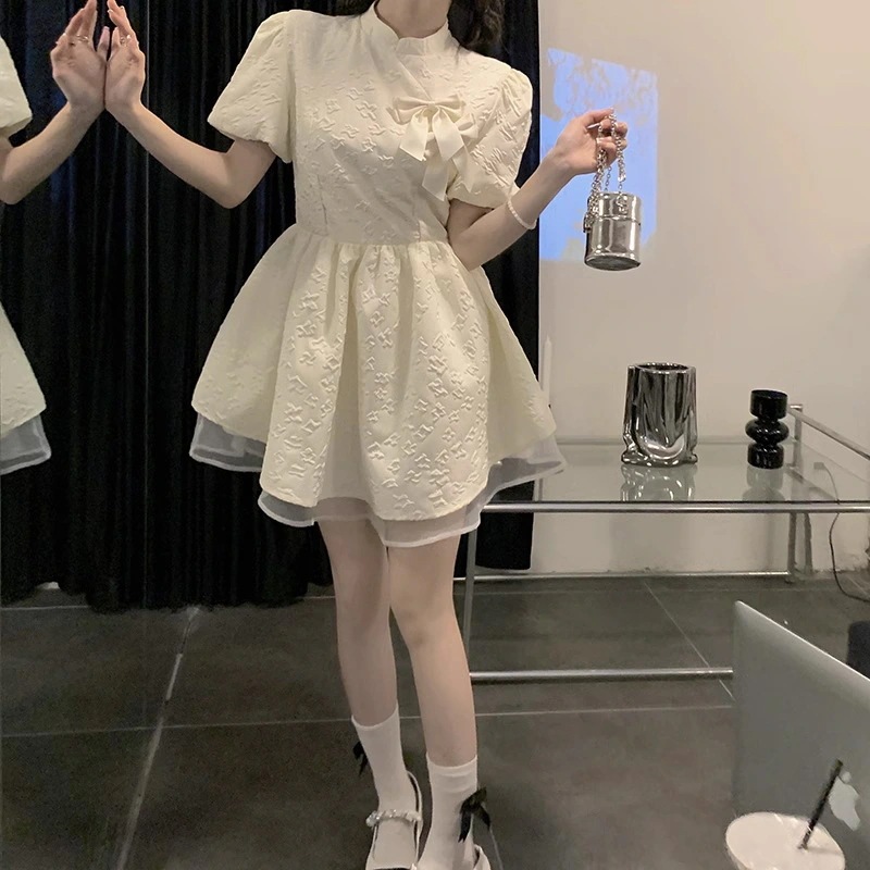 ロリータドレス 春夏 ワンピース 夏 無地 着痩せ バブル袖 チャイナドレス ワンピース