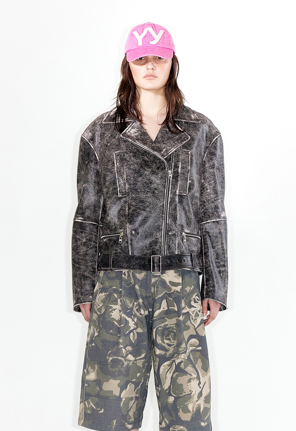 【OPEN Yy】 FADED LEATHER MOTO JACKET : BROWN