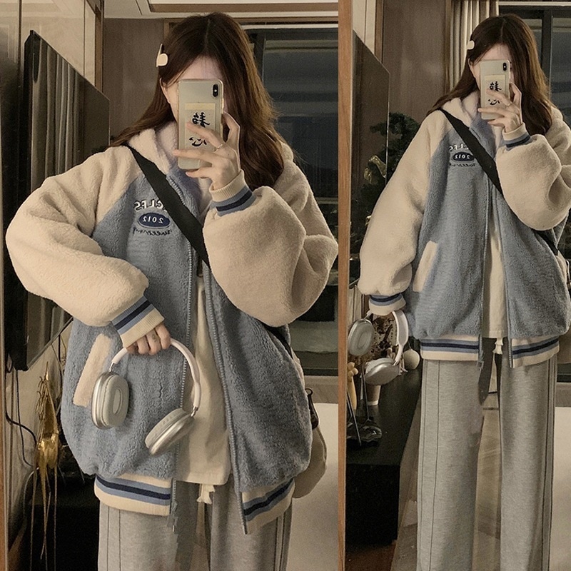 秋冬物シーズンプラスベルベット増粘レディースラムベルベット中学生毛皮コート綿コート可愛い野球ユニフォーム