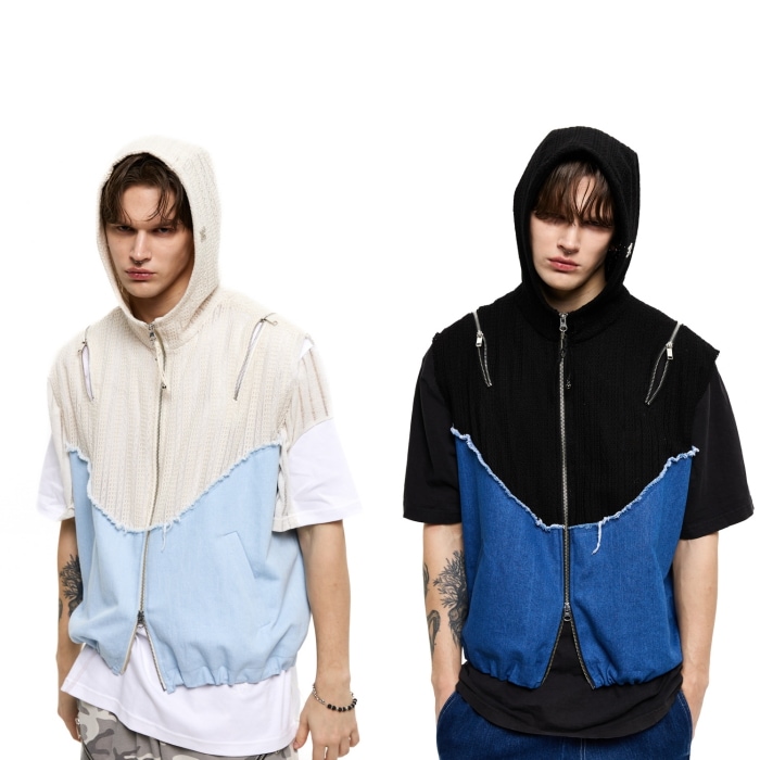 【RSSC】 KNIT & DENIM HOOD ZIPUP VEST : 2COLORS