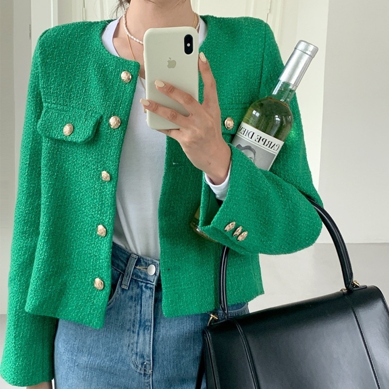 ツイードジャケット 水色 グリーン 緑 オフホワイト ツイード ジャケット アウター 高見え 高級感 派手 ゴールドボタン カラフル 金ボタン ビジューボタン ビジュー 韓国 レディース オルチャン