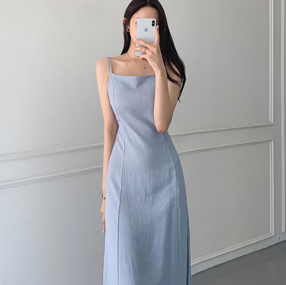 綿麻キャミワンピース シンプル バックリボン ミモレ丈 白 ホワイト 黒 ブラック ブルー 水色 韓国 レディース オルチャン ワンピース スクエアネック フレア スリム タイト 細身
