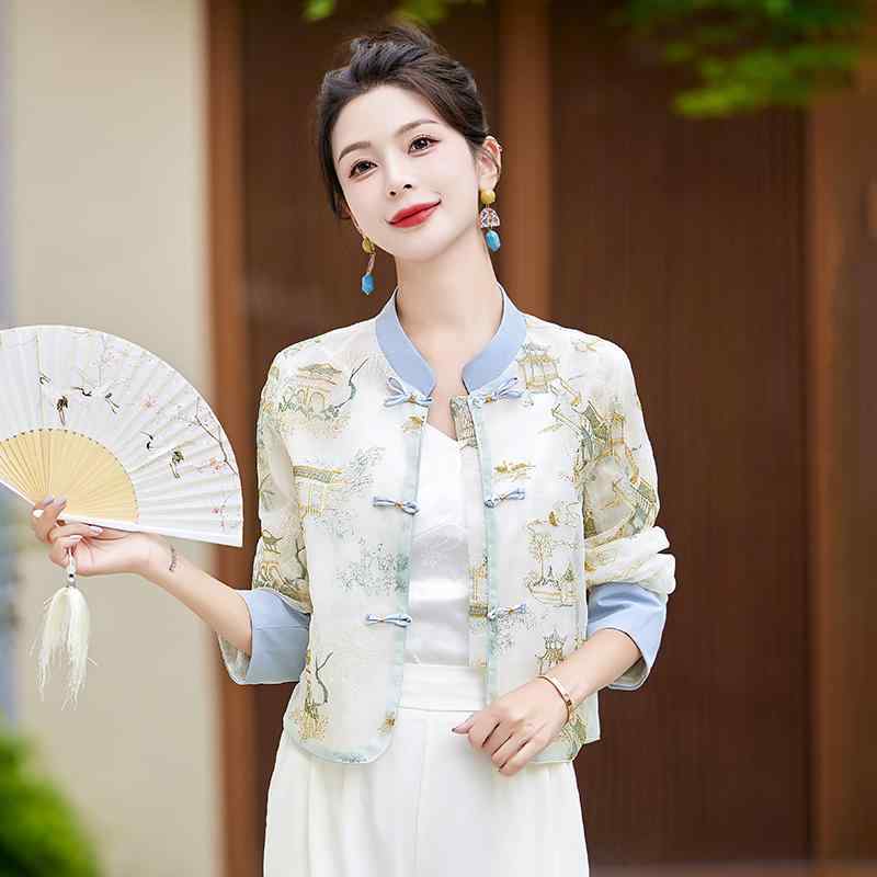 チャイナ風 レディース プリントジャケット 刺繍入り ショートジャケット 夏 日焼け防止 UV対策 エキゾチック おしゃれ エレガント