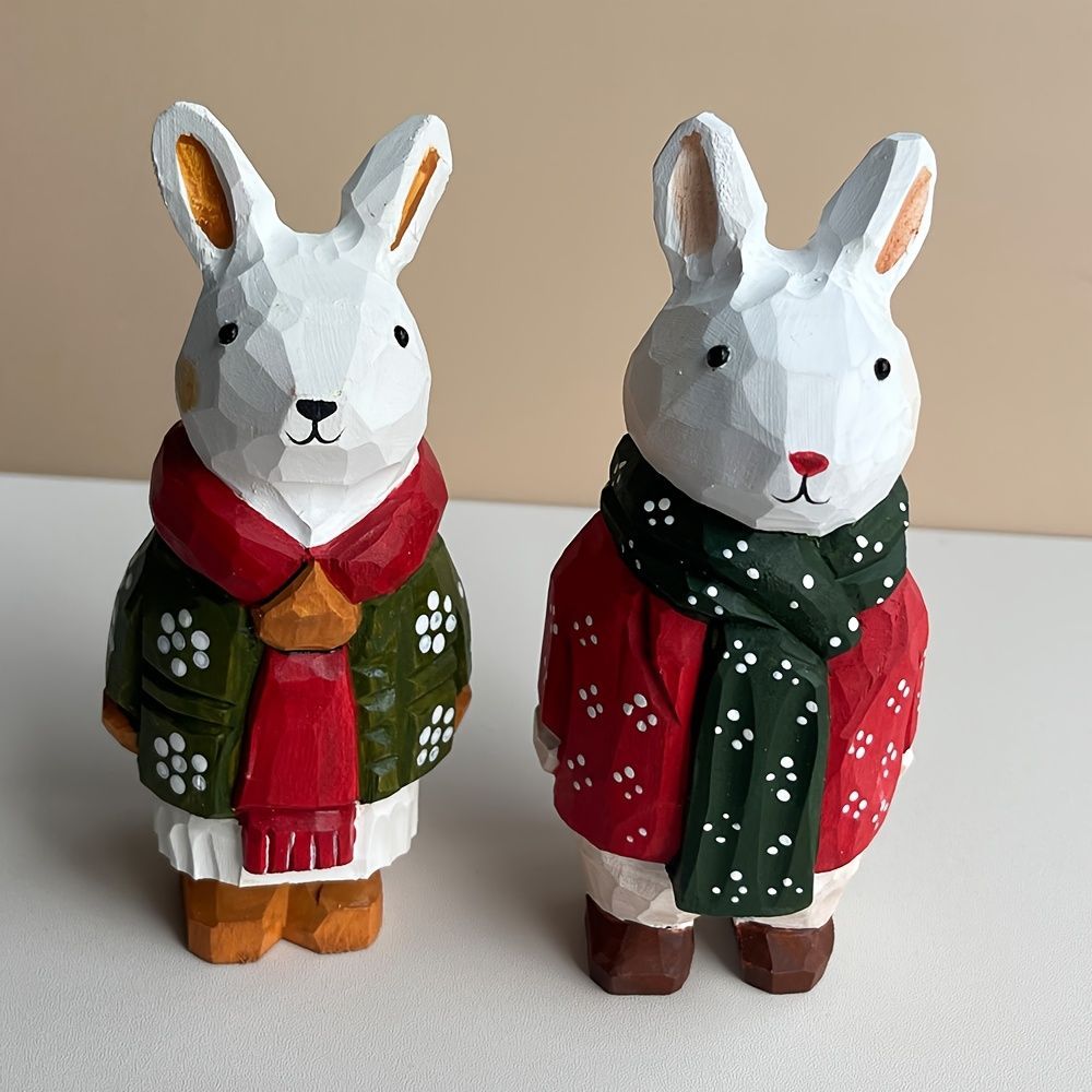 クリスマスオブジェ 置物 冬の格好をしているウサギ うさぎ ラビット 2個セット 木製 インテリア 可愛い インテリア雑貨 室内 寝室 玄関 庭 ガーデニング プレゼント ギフト 贈り物 癒しグッズt