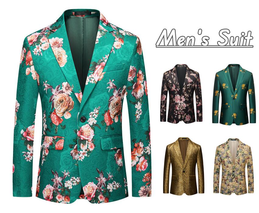 メンズステージ衣装 スーツジャケット 男性 舞台演出服 光沢有り 花柄スーツ 総柄コート ハロウィン クリスマス 男性 紳士服 カラオケ 司会者 歌手スーツ 結婚式 パーティー 礼服 メンズ演出ジャケ