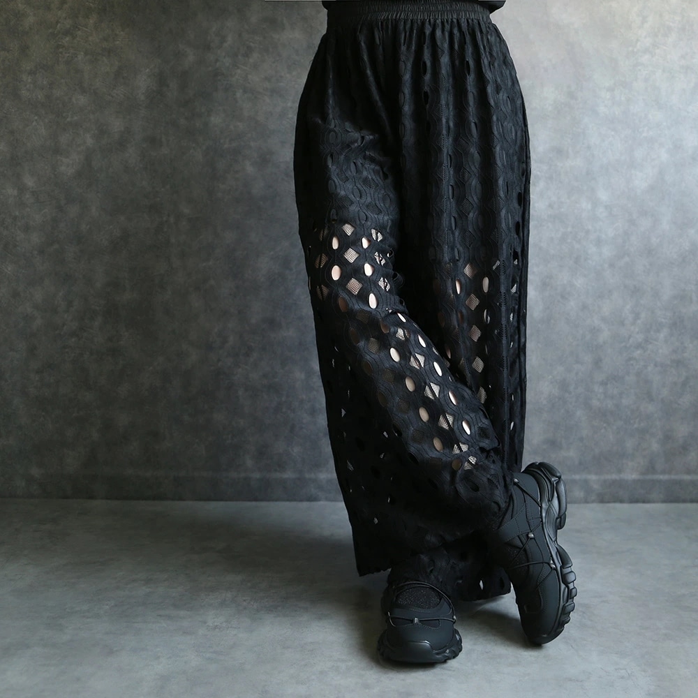レース パンツ ロング ワイドパンツ 総レース モダンレースストレートパンツ 重ね着 ストレート ポケット付き ウエストゴム ボトムス レディース 送料無料