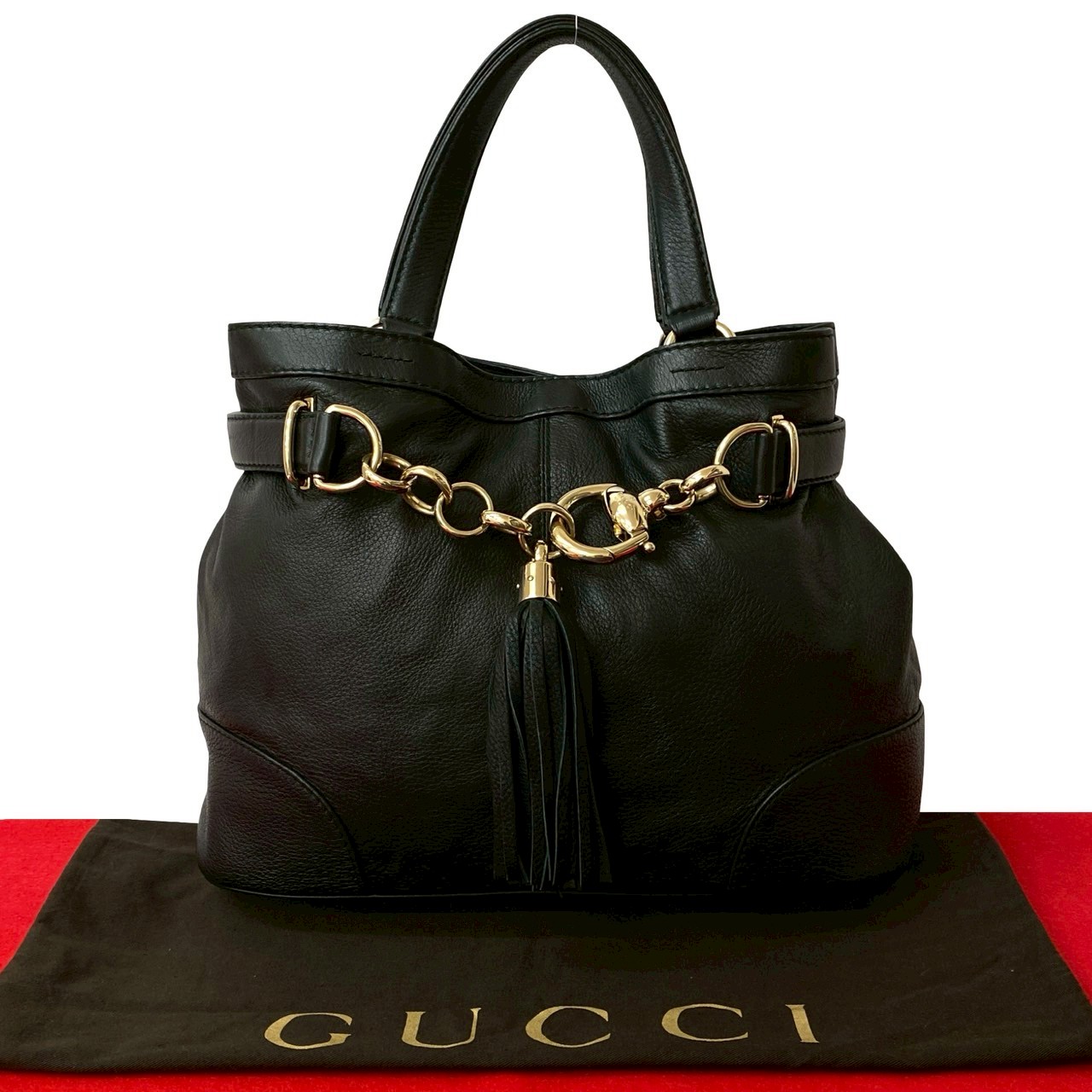 チェーン ロゴ 金具ハンドバッグ レザー ブラック 35045