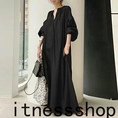 【期間特典】黒ワンピース カーキ ブラック ワンピース ロング レディース きれいめ ランタンスリーブ 七分袖 Vネック ワンピース 可愛い ワンピ ブラック 黒 春 夏 秋 20代 30代 40代