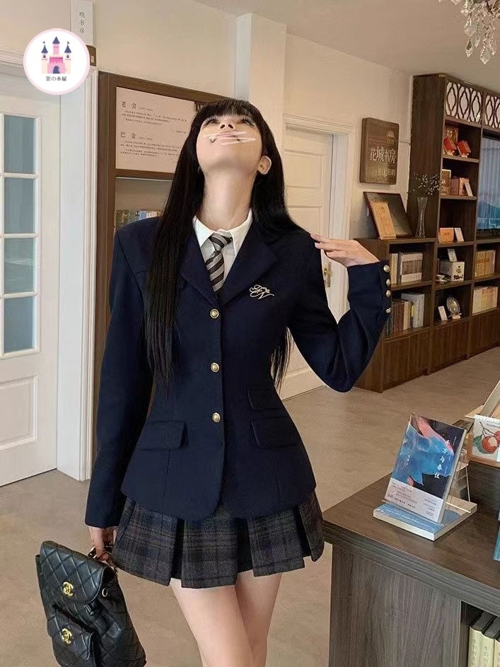 学院風ウエストスーツ女性冬小柄厚手jk制服コート+a字プリーツスカート2枚セット
