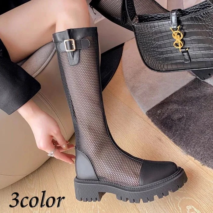 【急速出荷!】ブーツ レディース メッシュ ロング 本革 タンクソール フラットソール 春夏 春ブーツ ブラック ホワイト グレー バックジッパー 5cmソール 6,147円