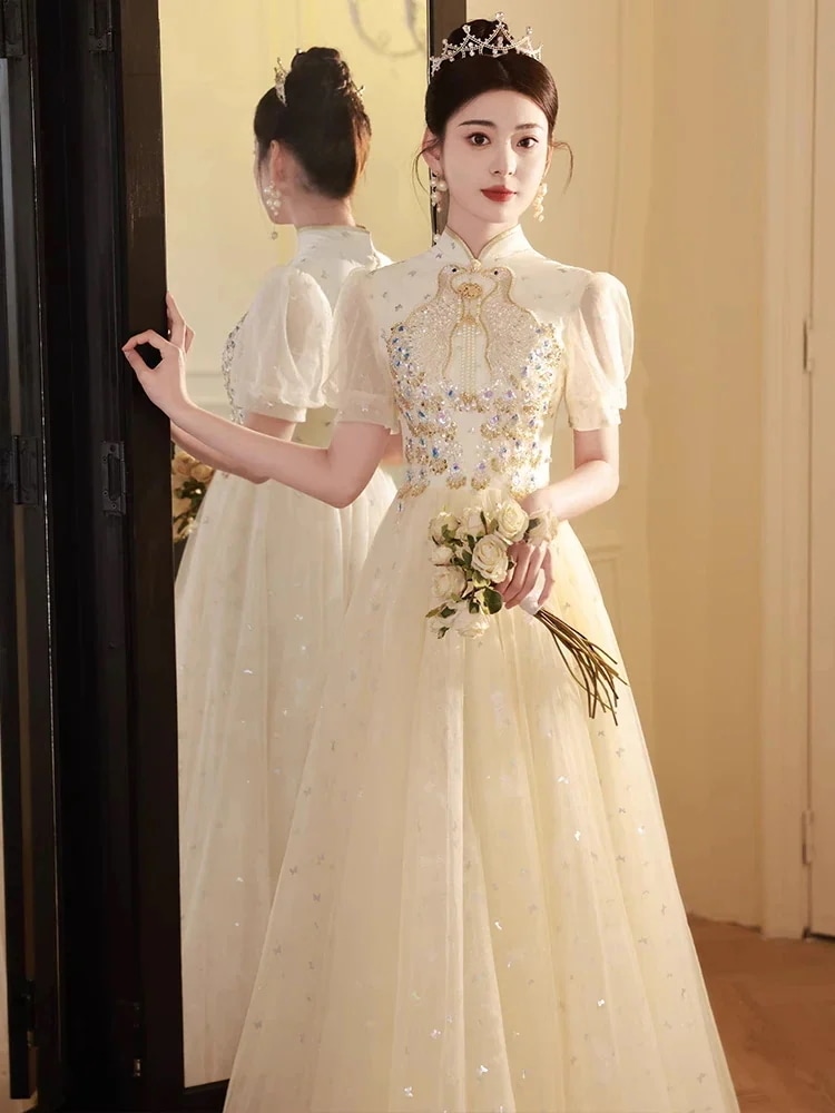 イブニングドレス女性シャンパンカラー2025 ホスト上級センス芸術試験チャイナドレス