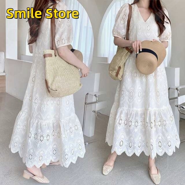 Vネック 春夏 オシャレ韓国風 白レース マキシワンピースきれいめ フレアスカート 40代 結婚式ドレス大人 レディース ワンピース 半袖ワンピース 7,000円