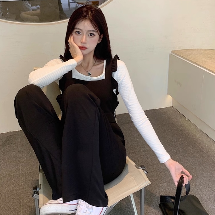 パンツ オールインワン ストレートパンツ ロング ロング丈 袖なし ノースリーブ スクエアネック 襟なし リボン バックリボン ハイウエスト ポリエステル かわいい 大人可愛い シンプル おしゃれ