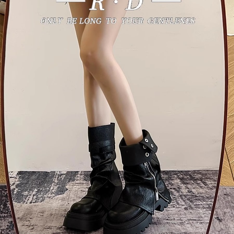 秋冬 甘辛MIX風 7cm ヒール ベルト ロングブーツ 靴 美脚 脚長 色っぽ 女っぽローヒールカジュアルフェイクきれいめ 大人っぽ 上品 ウエスタンブーツ PUエコゆったり フェミニン 5,245円