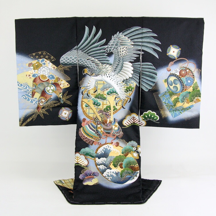 レンタル お宮参り 男の子 着物 レンタル 黒地に鷹と兜松に波太鼓蔵お宮参り レンタル 衣装 男児 祝着　初着 産着 レンタル衣装 ブラック