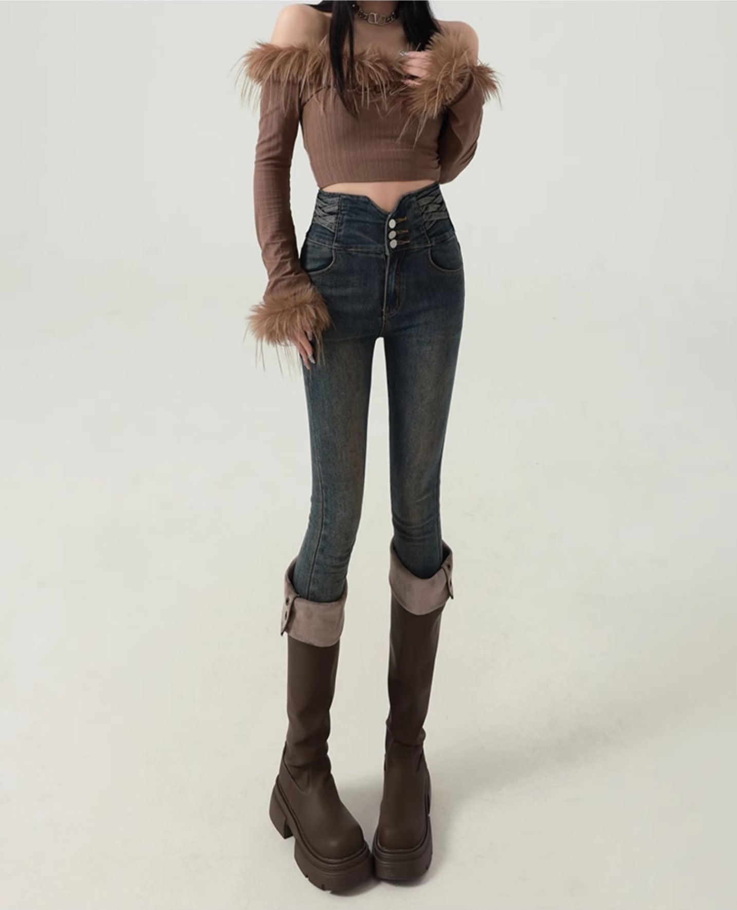 秋冬春新作 ハイウエストジーンズ レディースファション スリム 薄手ベルベット入り選択可能 無地 コーディネート