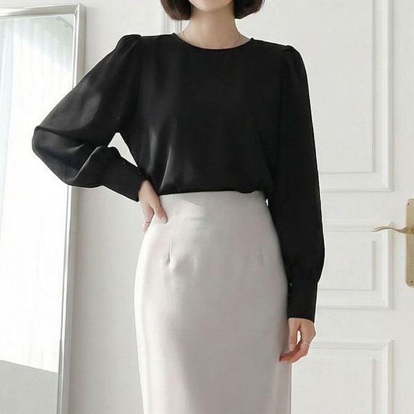 / 女性ブラウス パフ ギャザー 長袖 面接 ブラウス ラウンドネック 3カラー