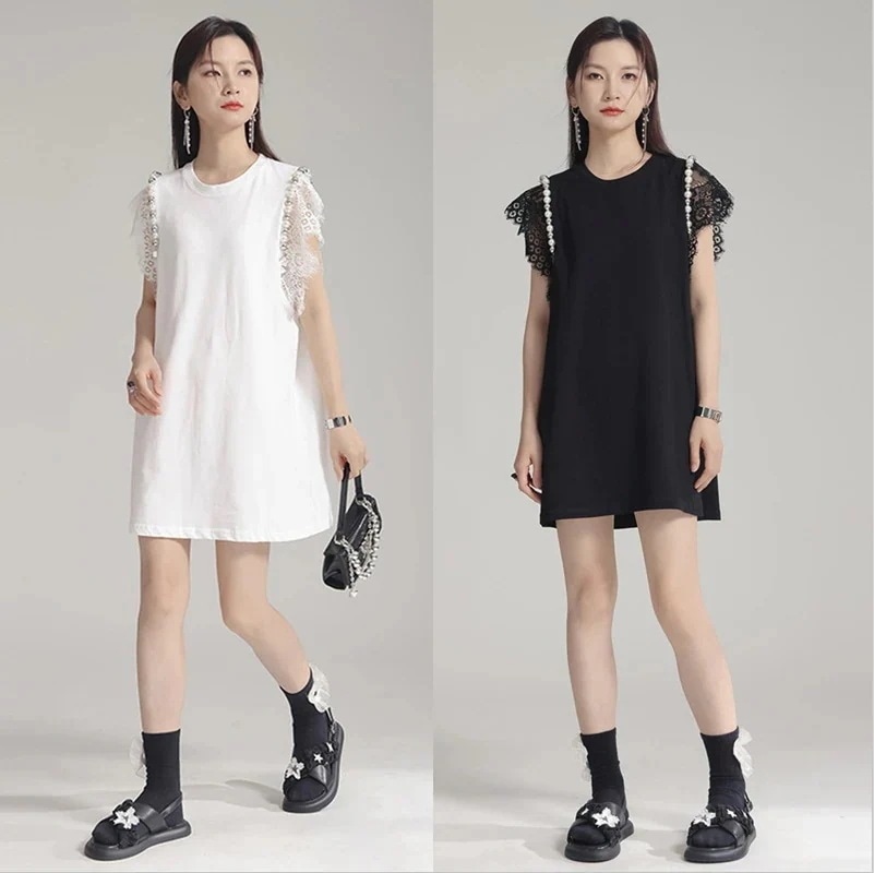 【J.Fashion】 ロンT レース袖 夏 ショートワンピース風 チュニック ロングTシャツ レディース ロングブラウス 夏ワンピ 個性的なデザイン 関連商品は店で購入可能30%までに制限 5,643円