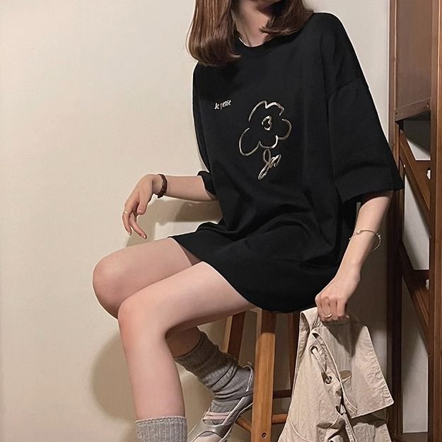 トップス Tシャツ プルオーバー 丈長 袖あり 半袖 5分袖 ラウンドネック ストレート ワイド オーバーサイズ 伸縮性 ストレッチ 柔らか 薄手 大人可愛い カジュアル おしゃれ レトロ こなれ感