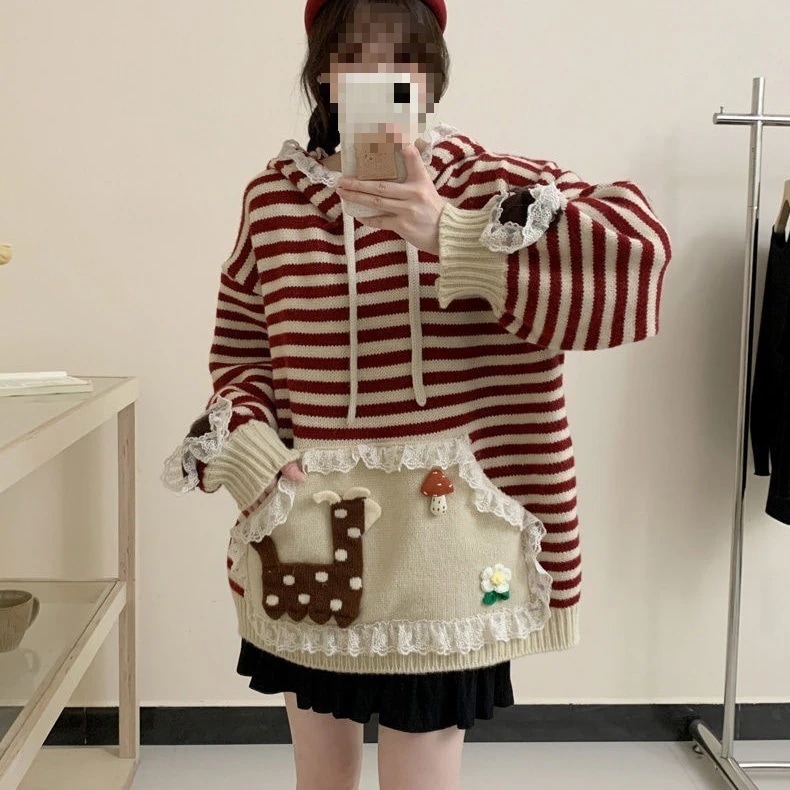 【今日限りで激安販売】無.料 秋冬 ニットビッグサイズ ストライプ パーカー アウタークリスマス セーター ニット