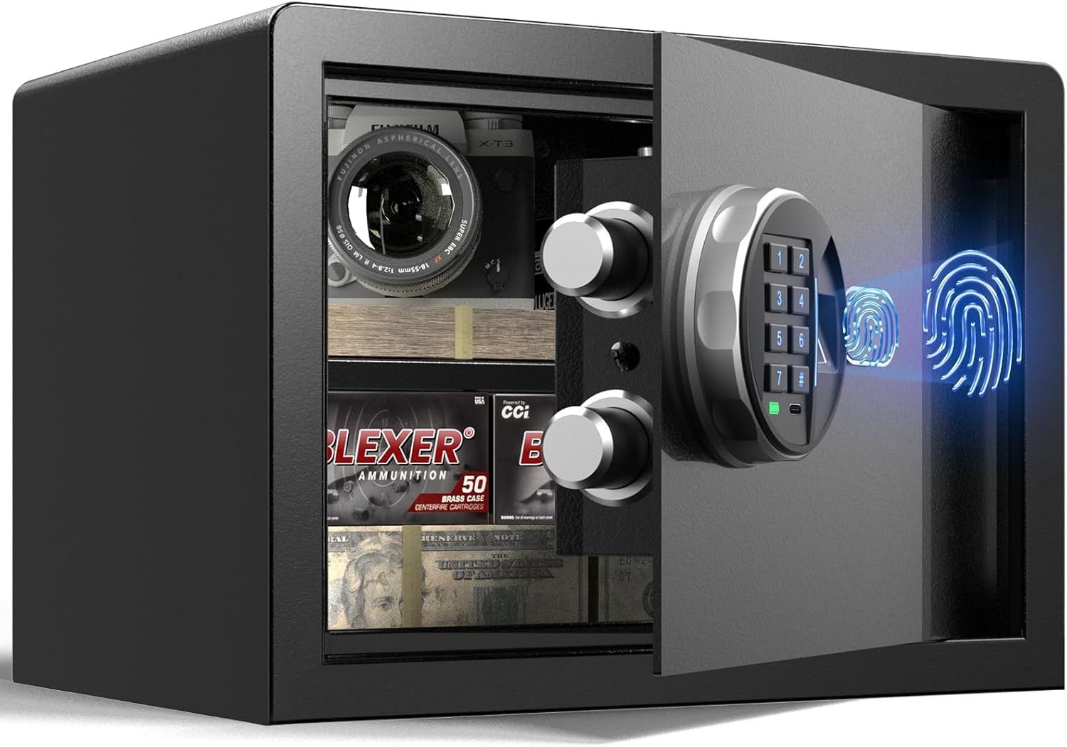 スマート生体認証金庫（23L）指紋/暗証番号両対応静音モードバッテリー残量表示防錆防犯設計コンパクト小型金庫 家庭/オフィス用