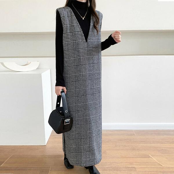 お手頃価格グレンチェックジャンバースカート　サイドスリット　V襟　チェック　ミモレ丈　ロング丈　ひざ下丈