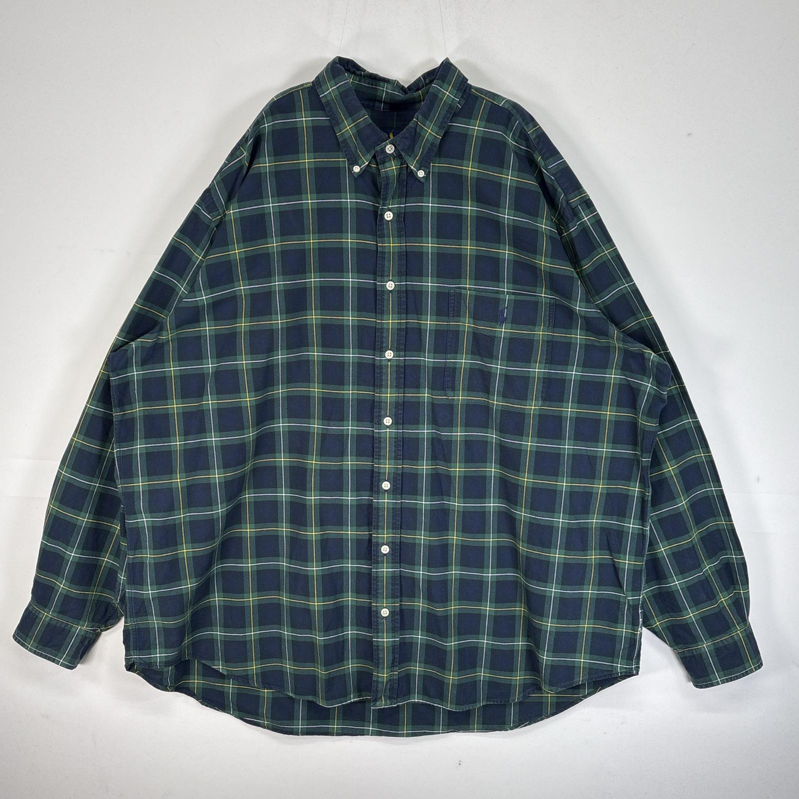 古着 長袖シャツ チェック ロゴ 刺繍 大きいサイズ 2XB ネイビー系 マルチカラー メンズ