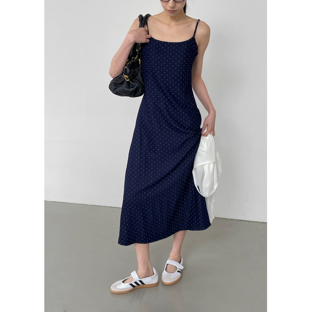 ブラックアップ [MADE] ラペルドットノースリーブロングワンピース