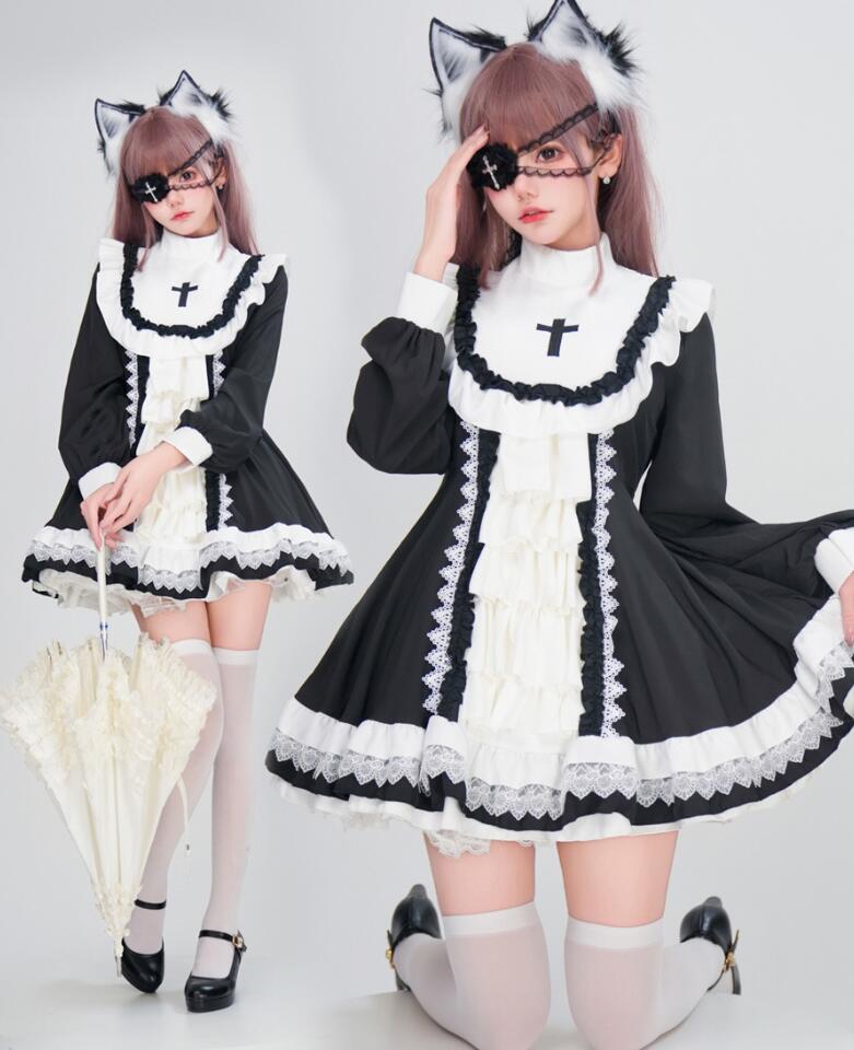 【新作登場 最安値】人ハロウィンコスチューム 可愛いハロウィン衣装 レディースコスチューム シスター ショート丈ワンピース ゴースト なりきり 吸血鬼 幽霊 cosplay ハロウィン イベント パー