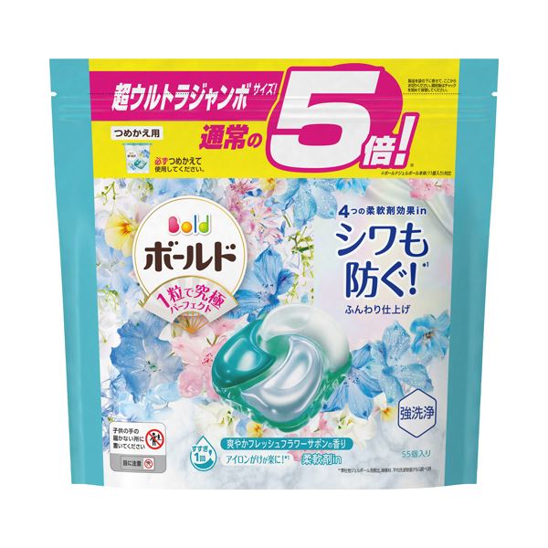 （まとめ） P＆G ボールド ジェルボール4D 爽やかフレッシュフラワーサボンの香り つめかえ 超ウルトラジャンボサイズ 1パック（55個） (5セット)