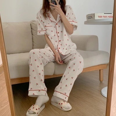 レディースパジャマ 半袖 開襟シャツ 胸ポケット チェリー柄 薄手 上下セット 二点セット ツーピース セットアップ ナイトウェア ルームウェア ワンマイルウェア 部屋着 寝間着 夏 大人可愛い