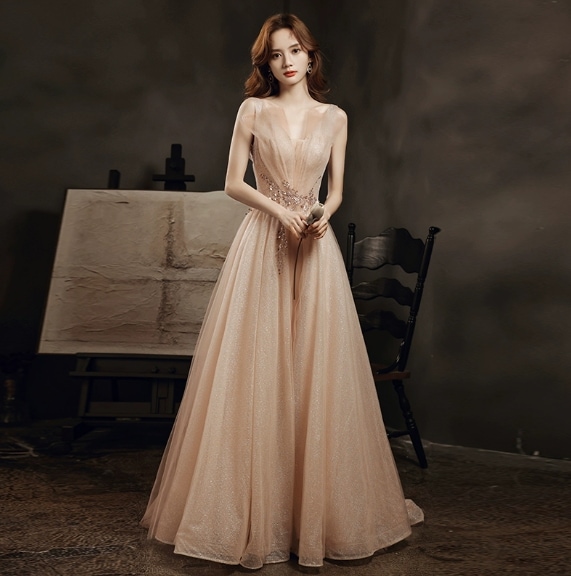 ウェディングドレス パーティードレス 結婚式 二次会 披露宴 花嫁 ロング ノースリーブ Vネック チュール 大人可愛い きれいめ シンプル 上品 ラブリー キュート ガーリー セクシー エレガント