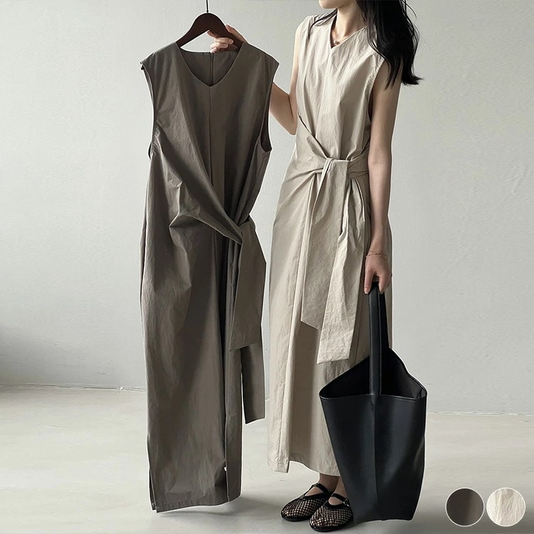 ワンピース レディース ノースリーブ 韓国 Ｖネック Aライン ロング丈 ロングワンピース スリット ウエストマーク リボン エレガント きれいめ