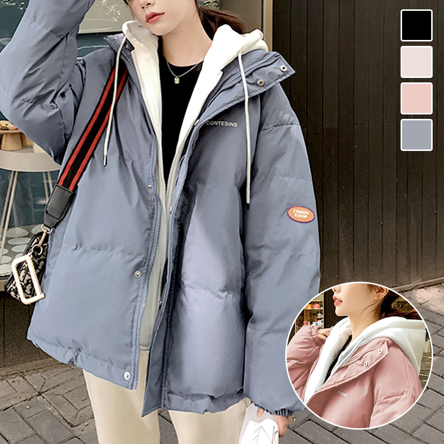 重ね着風 ダウン ジャケット フード アウター 長袖 ポケット レイヤード風 秋 冬 レディース 新作 ブラック オフホワイト ピンク アイスブルー XS S M L