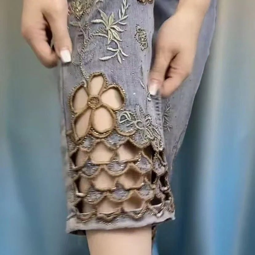 ニューアーバンハイウエスト スリムフィット レース刺繍デニムパンツ