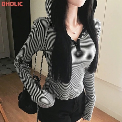 コットンスリム長袖フードボーダーTシャツ・1932984