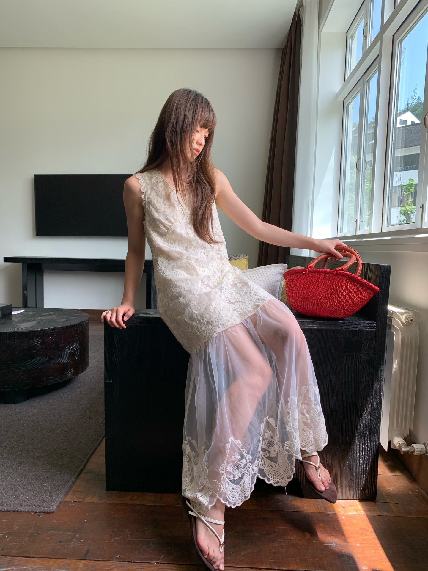 夏名媛フレンチメッシュ透視ノースリーブチョッキレースワンピースレディースS5553