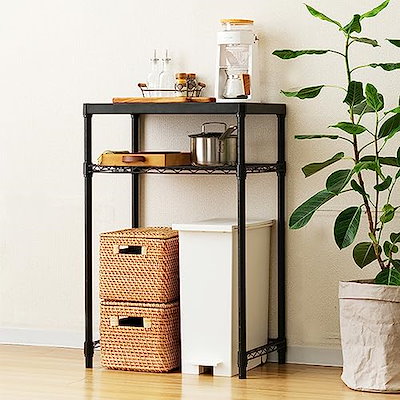 他サイト： ドウシシャ ルミナス ノワール キッチンラック 棚 幅60 2段 スリムゴミ箱上ラック 全体耐荷重160kg 大型レンジ対応 レンジ台 炊飯器 作業台 オシャレな黒 コの字バー ウッドシェルフ 幅61の商品画像