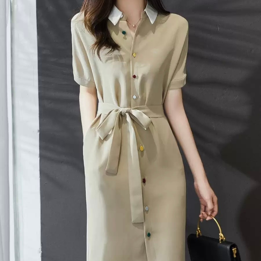 ワンピース 韓国 オルチャン ウエストリボン シャツワンピ シャツワンピース ドレス ワンピ カラーボタン 膝丈 ミモレ丈 ミモレ 袖あり 長袖 スリム タイト 細身 ストレート ウエストマーク